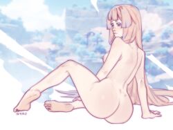 1girls abstract_background ass blonde_hair feet genshin_impact inkrodible long_hair nude sangonomiya_kokomi sitting