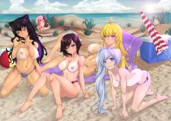 4girls 5girls beach black_hair blake_belladonna blonde_hair blue_eyes brown_eyes brown_hair casual cat_ears catgirl clothing faunus human keanoveart long_hair multiple_girls neo_(rwby) nude nude_female pale_skin pink_hair ponytail purple_eyes ruby_rose rwby short_hair silver_eyes swimwear tan_lines tanline team_rwby topless weiss_schnee white_hair yang_xiao_long