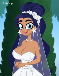 1girls 2023 amazon big_breasts blue_eyes blush bride cleavage dark-skinned_female dark_blue_hair dc_comics dc_super_hero_girls dialogue diana_prince female female_only large_breasts porkchop_(artist) solo star_earrings wedding wedding_dress wonder_woman wonder_woman_(series)