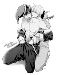 2boys alternate_costume blush christmas christmas_outfit co_ichi from_behind full_body gintama hand_in_pants hand_under_clothes hijikata_toshiro kigurumi kneeling looking_at_another looking_back male male_only monochrome object_in_mouth off_shoulder okita_sougo open_jacket reindeer_costume santa_costume santa_hat sweat toned toned_male