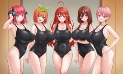 5girls blue_eyes blush brown_hair cleavage female_only fuooooo go-toubun_no_hanayome hair_between_eyes happy large_breasts long_hair looking_at_viewer medium_hair nakano_ichika nakano_itsuki nakano_miku nakano_nino nakano_yotsuba one-piece_swimsuit open_mouth orange_hair pink_hair pussy quintuplets red_hair short_hair smile solo_focus standing star_(symbol) sweat swimsuit thick_thighs thighs wide_hips