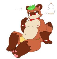 anthro asian_clothing belly bodily_fluids bulge canid canine clothed clothing east_asian_clothing ellipsis embrace erection fur headgear headwear hi_res kemono male mammal nipples questioning_ellipsis raccoon_dog sdscrib simple_background solo sweat sweatdrop tanuki underwear