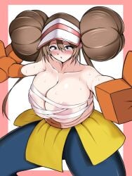 big_breasts black_eyes blush breasts brown_hair bursting_breasts cosplay double_bun female game_freak hair_bun hariyama_(cosplay) huge_breasts kia-shi large_breasts nintendo oversized_gloves pokemon pokemon_(cosplay) puffy_hair rosa_(pokemon) sarashi solo solo_female sweat twin_buns