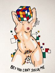 1girls catnipple99 geometric_shapes inanimate inanimate_object object_head pinup pussy rubik's_cube solo solo_female text unusual_nipples unusual_pubes