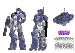 abs antennae ass athletic_female blue_body blue_lipstick cannon character_sheet cleavage_cutout crotch_plate crotchless gynoid hand_on_hip heels living_tank mad-project midriff original_character robot robot/alternate_modes robot_girl tank transformers