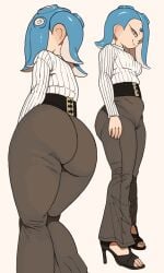 1girls ass ass_focus belly_bulge belt belt_buckle big_ass black_heels black_high_heels blue_hair breasts brown_pants cephalopod cephalopod_humanoid clothed clothed_female clothing dat_ass ear feet female flared_pants fully_clothed hair_over_one_eye heels high_heels large_ass light-skinned_female light_skin long_sleeves medium_hair nintendo octoling plump_ass red_eyes ribbed_sweater shiver_(splatoon) short_hair side_view sideass small_breasts smile splatoon splatoon_(series) splatoon_3 stomach_bulge sweater tentacle_hair toeless_footwear white_sweater yuta_agc