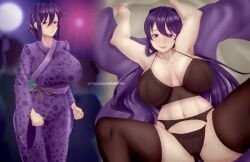 1girls 2022 before_and_after doki_doki_literature_club kimono large_breasts lingerie morbite new_year on_back pov pov_eye_contact purple_hair smile spread_legs thighhighs yuri_(doki_doki_literature_club)