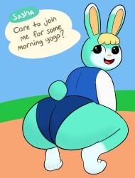 1boy alternate_version_available animal_crossing anthro ass big_ass big_butt bunny bunny_ears bunny_tail dialogue english_text fur furry furry_only looking_back male male_only pov rabbit sasha_(animal_crossing) solo squat squatting squatting_position tail text text_bubble yellowwood578 yoga