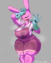 1girls anthro big_breasts big_hips bodily_fluids breasts bunny_girl female kappa_spark pink_skin solo solo_female sweating thick_hips thighhighs widget wow!_wow!_wubbzy!