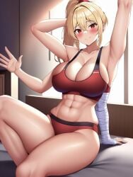 4_arms abs ai_generated arms_up bandage bangs bedroom big_breasts blonde_hair cleavage crop_top curvy gym_clothes gym_shorts hand_up klia_(tetra_ai) midriff multi_arm multi_limb nai_diffusion on_bed ponytail red_eyes sidelocks sitting smile sports_bra stable_diffusion tetra_ai thick_thighs toned_female waving wide_hips