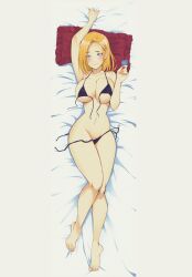 1girls alternate_version_available android_18 bikini blonde_female blonde_hair blue_eyes blush bob_cut breasts cleavage condom dakimakura_(medium) delux dragon_ball dragon_ball_z female full_body half-closed_eyes holding_condom large_breasts looking_at_viewer lying navel on_back on_bed pillow sheet_grab shy_smile smile solo untied_bikini