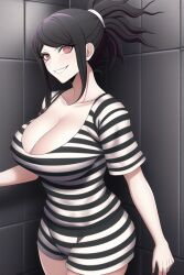 ai_generated cleavage danganronpa danganronpa_killer_killer huge_breasts large_breasts looking_at_viewer messy_hair n.c.b_ai nai_diffusion ponytail prison_uniform prisoner red_eyes shimizu_rei smirk stable_diffusion