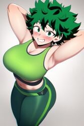 ai_generated armpits arms_behind_head big_breasts blush fat_ass female_deku green_hair huge_breasts izuku_midoriya leggings my_hero_academia rule_63 seductive_smile short_hair smiling sports_bra thick_ass