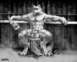 absurd_res alcohol animal_genitalia anthro armpit_hair balls beverage body_hair canid canine canis claws container death_(puss_in_boots) digital_media_(artwork) domestic_dog dreamworks fur genitals grey_body grey_fur hi_res kotia looking_at_viewer male male_only mammal muscular muscular_male nude paws pecs penis pubes puss_in_boots:_the_last_wish puss_in_boots_(film) puss_in_boots_(franchise) red_eyes sheath shrek_(series) smile solo universal_pictures universal_studios wolf