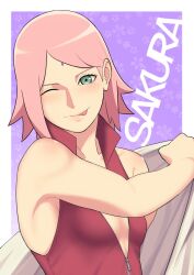 1girls :p alternate_hairstyle blush boruto:_naruto_next_generations breasts cleavage eeshin_(eishin5584) female female_only fully_clothed green_eyes hair_behind_ear holding_clothing holding_object mature mature_female milf naruto naruto_(series) no_bra open_clothes open_shirt parted_bangs petite petite_body removing_clothing robe sakura_haruno shirt sleeveless_shirt small_breasts smile solo solo_focus sticking_out_tongue tongue tongue_out undressing undressing_self upper_body