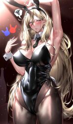 absurdres alternate_costume animal_ears arm_up bare_shoulders black_leotard blonde_hair blue_eyes blush breasts cleavage covered_navel detached_collar fake_animal_ears female hair_between_eyes highres kantai_collection kome_cola large_breasts leotard long_hair mature_female milf pantyhose playboy_bunny rabbit_ears richelieu_(kantai_collection) strapless strapless_leotard wrist_cuffs