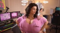 2girls breasts busty clueless computer dialogue duo female female_only huge_breasts hyper_hourglass naive oblivious posing_for_picture rev2019