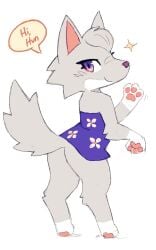 ancesra animal_crossing anthro ass canid canine canis clothing dialogue digitigrade english_text female fur furry furry_only gesture hi_res looking_at_viewer looking_back mammal nintendo paws raised_tail smile solo speech_bubble tail text waving waving_at_viewer whitney_(animal_crossing) wolf