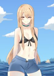 2girls bare_midriff bare_shoulders belly_button belt_collar bikini_top black_bra blonde blonde_hair blush choker cleavage clouds drowning drowning_in_background exposed_midriff exposed_shoulders exposed_torso female female_only kuroe_prime kuroeart light_blush long_hair looking_at_viewer midriff millie_parfait navel nijisanji nijisanji_en pomu_rainpuff red_eyes sea short_shorts shorts sky unbuttoned unbuttoned_shorts very_long_hair virtual_youtuber water yellow_hair