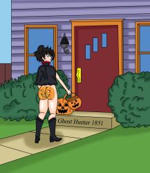 1boy androgynous artist_name black_hair boots_only bottomless bubble_ass bubble_butt cape commentary_request cute_male danny_fenton danny_phantom femboy ghosthunter1851(artist) halloween jack-o'-lantern male male_only painted_butt short_hair solo thick_ass thick_legs trap trick_or_treat vampire_costume walking walking_away