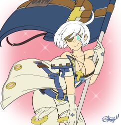 big_breasts blue_eyes blush breasts cameltoe cosplay elphelt_valentine eyepatch female guilty_gear huge_breasts large_breasts sin_kiske sin_kiske_(cosplay) skijjy_f thick_thighs white_hair