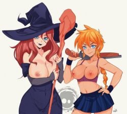 2girls alternate_version_available bare_shoulders blue_eyes breasts_out cordelia_(dead_estate)_(cosplay) cosplay crop_top crossover_cosplay dead_estate delux dress female female_only freckles gardnerverse hand_on_hip hat jules_(dead_estate)_(cosplay) large_breasts lipstick looking_at_viewer marty_gardner multiple_girls navel nipple_piercing nipples ponytail red_hair sam_gardner shotgun skirt smile staff tank_top white_background witch witch_hat