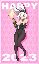 big_breasts blue_eyes breasts bunnysuit cameltoe champagne elphelt_valentine fake_ears female guilty_gear huge_breasts large_breasts skijjy_f thick_thighs white_hair