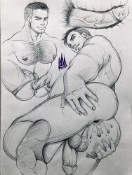 ass black_and_white boner butt cum cum_inside cumming erect_penis erection gaping_anus gaping_ass hairy_chest hard_on hole_(anatomy) looking_back male male_only muscles muscular muscular_male penis rodrigolandave8 sketch uncolored veiny_penis