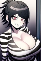 ai_generated cleavage danganronpa danganronpa_killer_killer huge_breasts large_breasts looking_at_viewer messy_hair n.c.b_ai nai_diffusion ponytail prison_uniform prisoner red_eyes shimizu_rei smirk stable_diffusion