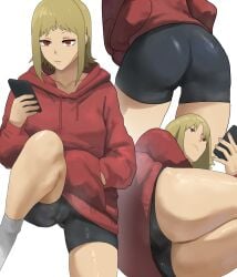 1girls ass big_ass bike_shorts blonde_hair butt cameltoe chainsaw_man dat_ass female female_only fringe light-skinned_female medium_hair noras petite phone red_eyes sawatari_akane seductive_look short_hair shorts slim slit_pupils small_fringe solo thick_thighs