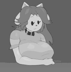 1girls absurd_res anthro big_breasts breasts bust_portrait clothing collar female furry hair hi_res long_hair mob_face monochrome parody portrait shirt simple_background simple_eyes smile solo tem temmie_(deltarune) temmie_(undertale) theatneg topwear undertale undertale_(series)