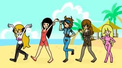 5girls accurate_art_style ann_glerr anserhours areolae assistant_(rhythm_heaven) barefoot beach black_hair blonde_hair bodypaint breasts brown_hair completely_nude completely_nude_female eglantine eguran_(rhythm_tengoku) female female_only female_pubic_hair flat_chest girl_(rhythm_heaven_fever) gisrhgver glasses headphones headwear long_hair mc_adore mob_face multiple_girls naked navel nintendo nipples nude nude_female outdoor_nudity outdoors painted_clothes ponytail pubic_hair rhythm_heaven rhythm_heaven_fever rhythm_tengoku sakana_tsuriko short_hair sora_(rhythm_tengoku) sunglasses tinted_eyewear visor_cap