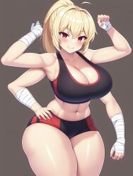 4_arms abs ai_generated arms_up bandage bangs big_breasts blonde_hair cleavage clenched_hands crop_top curvy fighting_stance gym_clothes gym_shorts hand_on_hip klia_(tetra_ai) midriff multi_arm multi_limb nai_diffusion ponytail red_eyes sidelocks smile sports_bra stable_diffusion tetra_ai thick_thighs toned_female wide_hips