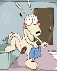 anthro balls bath bathroom bathtub blush caught flaccid foreskin genitals hi_res illegaleel looking_at_viewer macropod male mammal marsupial nickelodeon penis pubes rocko's_modern_life rocko_rama solo toilet wallaby