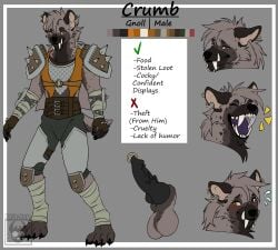 armor cock_piercing crumb_blackmouth dragonflight expressions gnoll hyena hyenid looking_at_viewer original_character reference_image solo_anthro warcraft world_of_warcraft