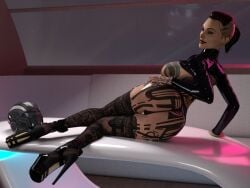 1girls 3d ass big_ass breasts clothed daz3d daz_studio female female_only garter_belt high_heels jack_(mass_effect) jackgb latex looking_at_viewer looking_back lying mass_effect mass_effect_2 mass_effect_3 medium_breasts platform_heels sci-fi solo stockings table tattoo