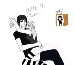 1girls 2girls ass creepypasta dialogue english_text female jane_the_killer jeff_the_killer kiss_mark male nipple_bulge no_panties pants_down sitting sitting_on_person smile text thighhighs zero_(creepypasta)