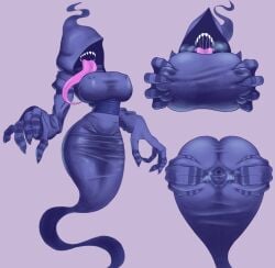 absurd_res ass big_breasts big_butt bodily_fluids breast_grab breasts female genitals ghost ghost_tail hand_on_breast hi_res hood huge_breasts humanoid long_tongue multiple_poses nipple_outline open_mouth pink_tongue pose presenting presenting_hindquarters presenting_pussy purple_background purple_body purple_stripes pussy saliva saliva_string saltyslice sharp_teeth simple_background solo spirit spread_pussy spreading steam stripes teeth thick_thighs tongue tongue_out undead wide_hips