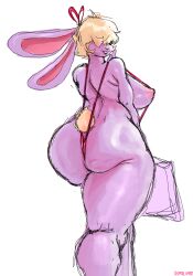 anthro ass big_breasts big_butt bikini blonde_hair breasts cellulite clothing female hair hair_over_eyes hi_res kamu_(peaconk) lagomorph leporid looking_at_viewer mammal purple_body rabbit sling_bikini smashmat smile solo swimwear thick_thighs tied_ears