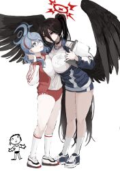 2girls ^_^ absurdres ako_(blue_archive) asymmetrical_docking black_hair black_wings bloomers blue_archive blue_eyes blue_hair breast_press breasts buruma choker clipboard closed_eyes feathered_wings female female_only gehenna_academy_student gym_uniform hair_between_eyes hairband halo hasumi_(blue_archive) hasumi_(gym_uniform)_(blue_archive) height_difference highres jacket justice_task_force_(blue_archive) kneehighs large_breasts long_hair mole mole_under_eye multiple_girls official_alternate_costume ponytail prefect_team_(blue_archive) red_eyes sensei_(blue_archive) shoes shorts simple_background size_difference smile sneakers socks tall_female trinity_general_school_logo_(blue_archive) trinity_general_school_student ushimochi very_long_hair white_background white_socks wings