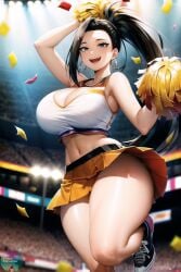 1girls ai_generated alternate_breast_size alternate_costume armpits artist_name belt big_breasts black_hair breasts cheerleader cleavage clothing confetti crop_top curvy earrings erotic_nansensu eyelashes female female_focus female_only highres hips hoop_earrings human jewelry large_breasts long_hair miniskirt momo_yaoyorozu my_hero_academia nai_diffusion navel on_one_leg one_arm_up open_mouth pinup pleated_skirt pom_poms ponytail pose revealing_clothes shiny_skin shoes silver_eyes skimpy skirt sleeveless smile sneakers solo solo_female stable_diffusion tank_top teeth thick thick_thighs thighs tied_hair tongue voluptuous watermark wide_hips