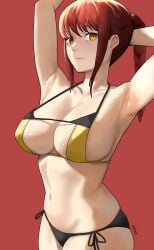 1girls alternate_hairstyle armpits big_breasts bikini breasts busty chainsaw_man eye_contact female female_only large_breasts looking_at_viewer makima_(chainsaw_man) noras ponytail red_background red_hair smile solo upper_body