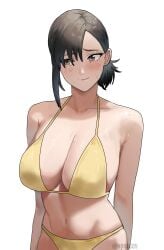 1girls big_breasts bikini black_hair blush chainsaw_man embarrassed female female_focus female_only higashiyama_kobeni looking_at_another noras short_hair solo standing yellow_bikini