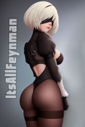 android_girl ass ass_focus back_cutout black_leotard blindfold bob_cut boob_window bubble_butt grey_background itsallfeynman leggings looking_back nier nier:_automata pinup puffy_sleeves robot_girl round_ass sideboob slight_smile solo white_hair yorha_2b