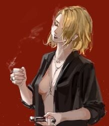 1girls blonde_hair breasts cigarette closed_eyes exposed_chest female female_only langley_(path_to_nowhere) lipstick masusug milf necklace necklace_between_breasts older_female path_to_nowhere short_hair sideboob smoking solo_female solo_focus suggestive unbuttoned_shirt