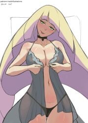 1girls babydoll big_breasts black_panties blonde_hair blush busty child_bearing_hips cleavage female female_only green_eyes heart-shaped_pupils large_breasts legs long_hair lusamine_(pokemon) mature_female mature_woman milf mother nadir naughty_face navel nintendo pokemon pokemon_sm smile solo tagme_(artist) teasing thick_thighs thighs thong tongue_out