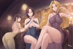 3girls armeria_(arumeria) bar big_breasts black_hair bleach blonde_hair breasts center_opening cleavage dress duchessofarmeria female female_only highres indoors kurotsuchi_nemu large_breasts long_hair matsumoto_rangiku multiple_girls revealing_clothes smile unohana_retsu very_long_hair voluptuous