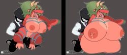 1boy breast_expansion captaintigglesworth cheri_(oc) cumflation drooling green_hair huge_breasts inflation red_eyes red_skin rope scalie shark vaginal_penetration