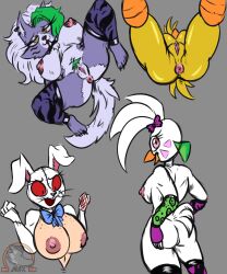 absurd_res anthro anus avian bird canid canine canis chicken female female/female five_nights_at_freddy's five_nights_at_freddy's:_security_breach five_nights_at_freddy's_2 galliform gallus_(genus) genitals glamrock_chica_(fnaf) group hi_res human lagomorph leporid mammal nipples omegamax phasianid pink_eyes pink_nipples pussy rabbit roxanne_wolf_(fnaf) scottgames toy_chica_(fnaf) vanny_(fnaf) wolf yellow_eyes