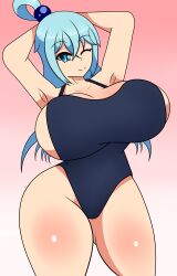 1girls aqua_(konosuba) armpits big_breasts blue_eyes blue_hair breasts busty curvaceous curves curvy curvy_body curvy_female curvy_figure curvy_hips female female_only huge_breasts kono_subarashii_sekai_ni_shukufuku_wo! large_breasts looking_at_viewer maymayumi2 pose posing simple_background sukumizu swimsuit thick thick_thighs thighs wink